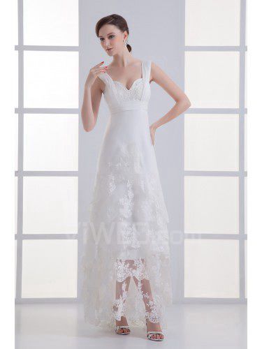 Satin and Net Straps A-line Ankle-Length Embroidered Wedding Dress