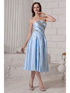 Satin Strapless Tea-Length A-Line Cocktail Dress with Ruffle