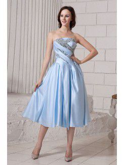 Satin Strapless Tea-Length A-Line Cocktail Dress with Ruffle