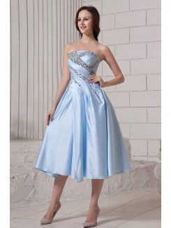 Satin Strapless Tea-Length A-Line Cocktail Dress with Ruffle