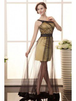 Satin and Grenadine One-Shoulder Floor Length A-Line Cocktail Dress with Sequins