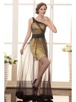 Satin and Grenadine One-Shoulder Floor Length A-Line Cocktail Dress with Sequins