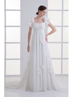 Chiffon Scoop A-line Sweep Train Hand-made Flowers Wedding Dress