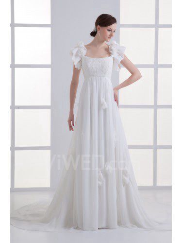 Scoop di chiffon a-line sweep treno fatto a mano fiori abito da sposa