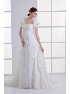 Chiffon Scoop A-line Sweep Train Hand-made Flowers Wedding Dress