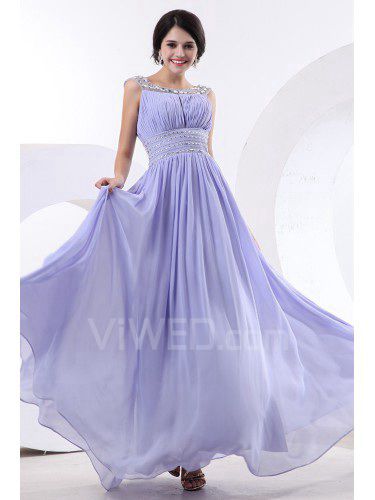 Chiffon and Satin Bateau Floor Length Sheath Cocktail Dress with Crystals