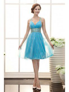 Organza V-Neckline Knee Length A-line Cocktail Dress with Ruffle and Sequins