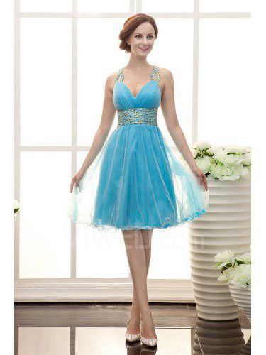 Organza longueur genou encolure en v une ligne robe de cocktail avec volants et sequins