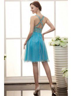 Organza V-Neckline Knee Length A-line Cocktail Dress with Ruffle and Sequins