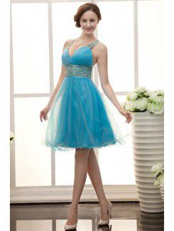 Organza V-Neckline Knee Length A-line Cocktail Dress with Ruffle and Sequins
