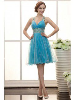 Organza V-Neckline Knee Length A-line Cocktail Dress with Ruffle and Sequins