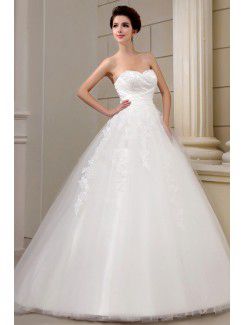 Net and Satin Strapless Sweep Train Ball Gown Wedding Dress with Beading