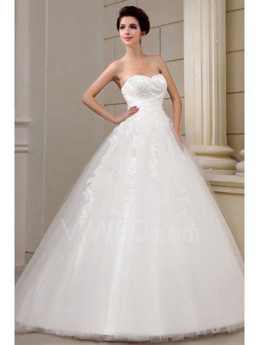 Net and Satin Strapless Sweep Train Ball Gown Wedding Dress with Beading