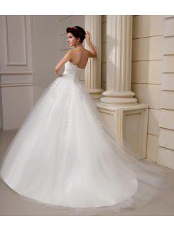 Net and Satin Strapless Sweep Train Ball Gown Wedding Dress with Beading