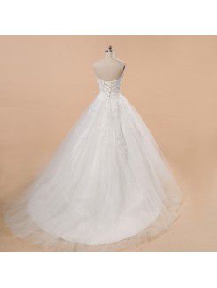 Net and Satin Strapless Sweep Train Ball Gown Wedding Dress with Beading