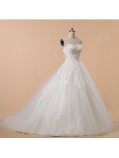 Net and Satin Strapless Sweep Train Ball Gown Wedding Dress with Beading