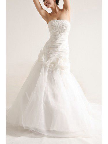 Organza strapless sweep trein zeemeermin trouwjurk met parels