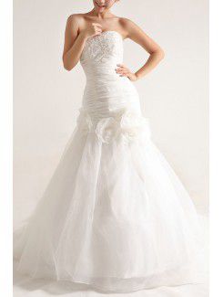 Organza Strapless Sweep Train Mermaid Wedding Dress with Pearls