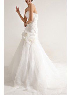 Organza Strapless Sweep Train Mermaid Wedding Dress with Pearls