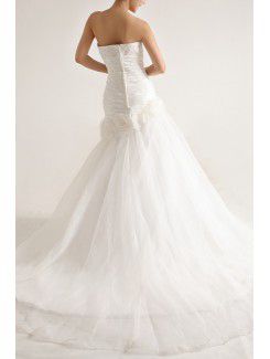 Organza Strapless Sweep Train Mermaid Wedding Dress with Pearls