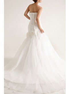 Organza Strapless Sweep Train Mermaid Wedding Dress with Pearls