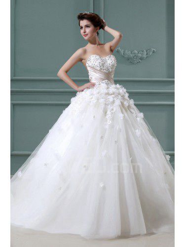 Net and Satin Strapless Chapel Train Ball Gown Wedding Dress with Crystal