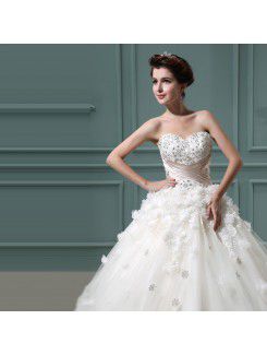 Net and Satin Strapless Chapel Train Ball Gown Wedding Dress with Crystal