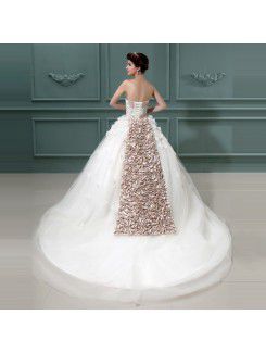 Net and Satin Strapless Chapel Train Ball Gown Wedding Dress with Crystal