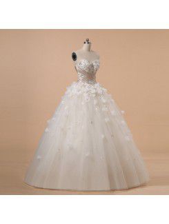 Net and Satin Strapless Chapel Train Ball Gown Wedding Dress with Crystal