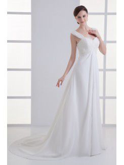 Chiffon Straps A-line Sweep Train Embroidered Wedding Dress