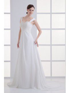 Chiffon Straps A-line Sweep Train Embroidered Wedding Dress