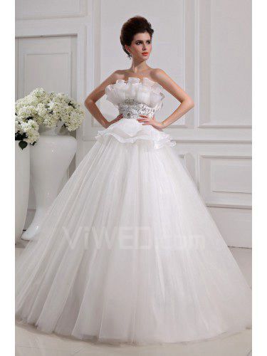Net and Organza Strapless Floor Length Ball Gown Wedding Dress with Crystal