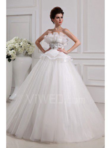 Net en organza strapless vloer lengte baljurk trouwjurk met kristallen