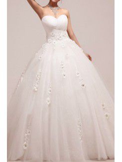 Organza Strapless Floor Length Ball Gown Wedding Dress with Handmade Flowers