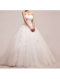 Organza Strapless Floor Length Ball Gown Wedding Dress with Handmade Flowers