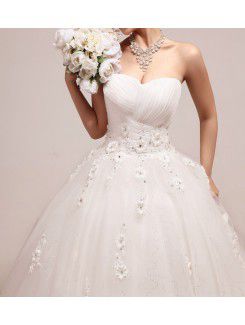 Organza Strapless Floor Length Ball Gown Wedding Dress with Handmade Flowers