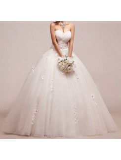 Organza Strapless Floor Length Ball Gown Wedding Dress with Handmade Flowers