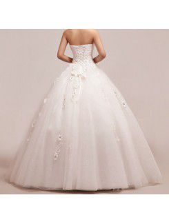 Organza Strapless Floor Length Ball Gown Wedding Dress with Handmade Flowers