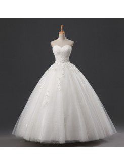 Organza Strapless Floor Length Ball Gown Wedding Dress with Handmade Flowers