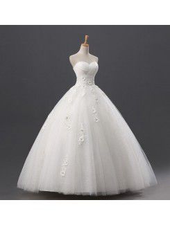 Organza Strapless Floor Length Ball Gown Wedding Dress with Handmade Flowers