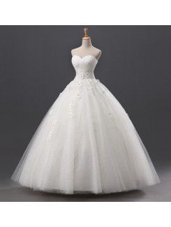 Organza Strapless Floor Length Ball Gown Wedding Dress with Handmade Flowers