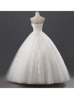 Organza Strapless Floor Length Ball Gown Wedding Dress with Handmade Flowers