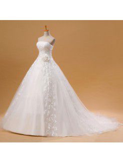 Net and Satin Strapless Chapel Train Ball Gown Wedding Dress with Handmade Flowers