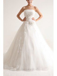 Net and Satin Strapless Chapel Train Ball Gown Wedding Dress with Handmade Flowers