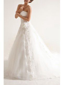 Net and Satin Strapless Chapel Train Ball Gown Wedding Dress with Handmade Flowers