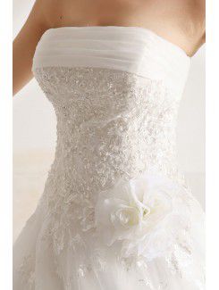 Net and Satin Strapless Chapel Train Ball Gown Wedding Dress with Handmade Flowers