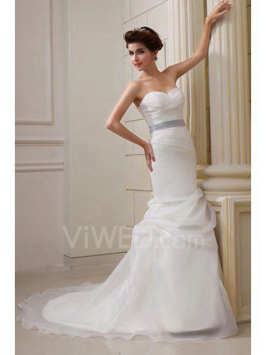 Organza strapless capela trem vestido de noiva sereia