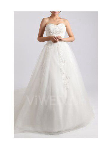 Organza Strapless Chapel Train Ball Gown Wedding Dress with Crystal