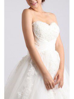 Organza Strapless Chapel Train Ball Gown Wedding Dress with Crystal