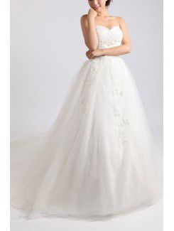 Organza Strapless Chapel Train Ball Gown Wedding Dress with Crystal